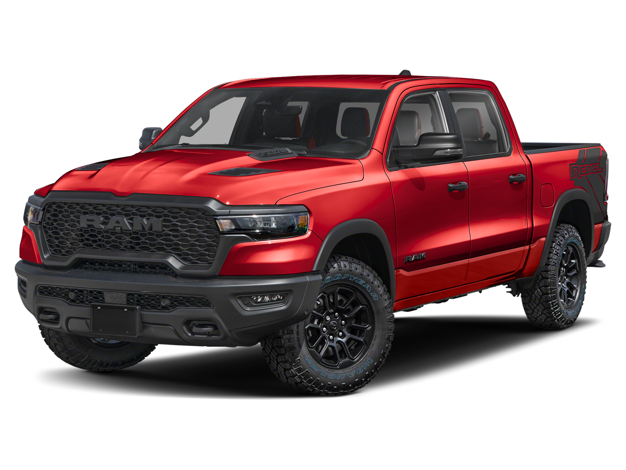 2026 RAM 1500 Rebel in Molten Red — front three-quarter view