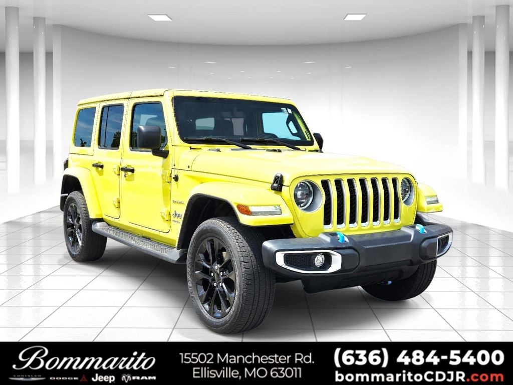 2023 Jeep Wrangler Sahara 4xe in High Velocity Clearcoat — front three-quarter view