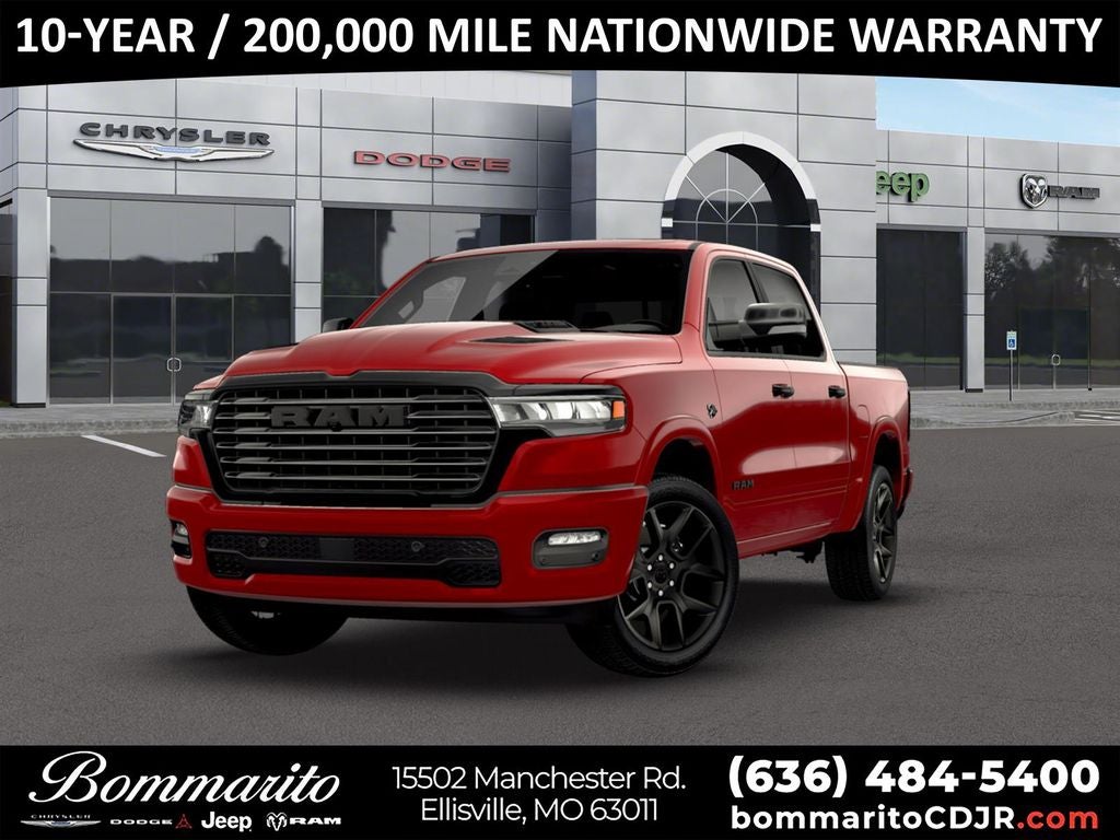 2026 RAM 1500 Laramie in Molten Red — front three-quarter view