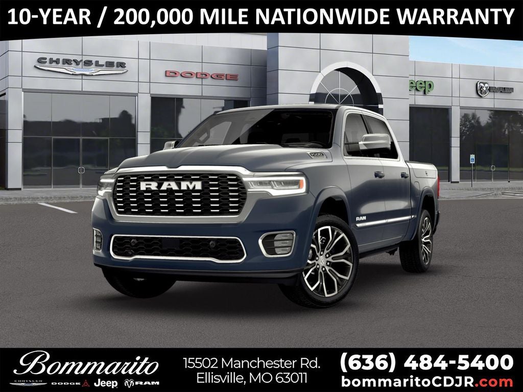 2026 RAM 1500 Tungsten in Blue Metallic — front three-quarter view