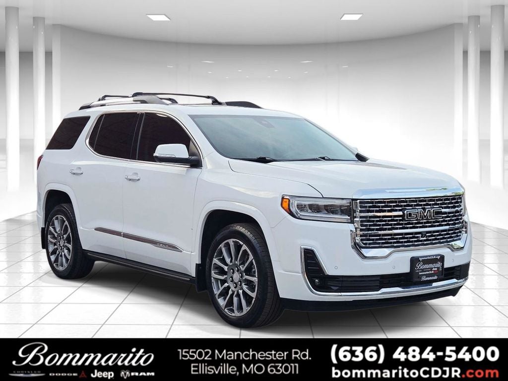 2023 GMC Acadia Denali in Summit White — front three-quarter view